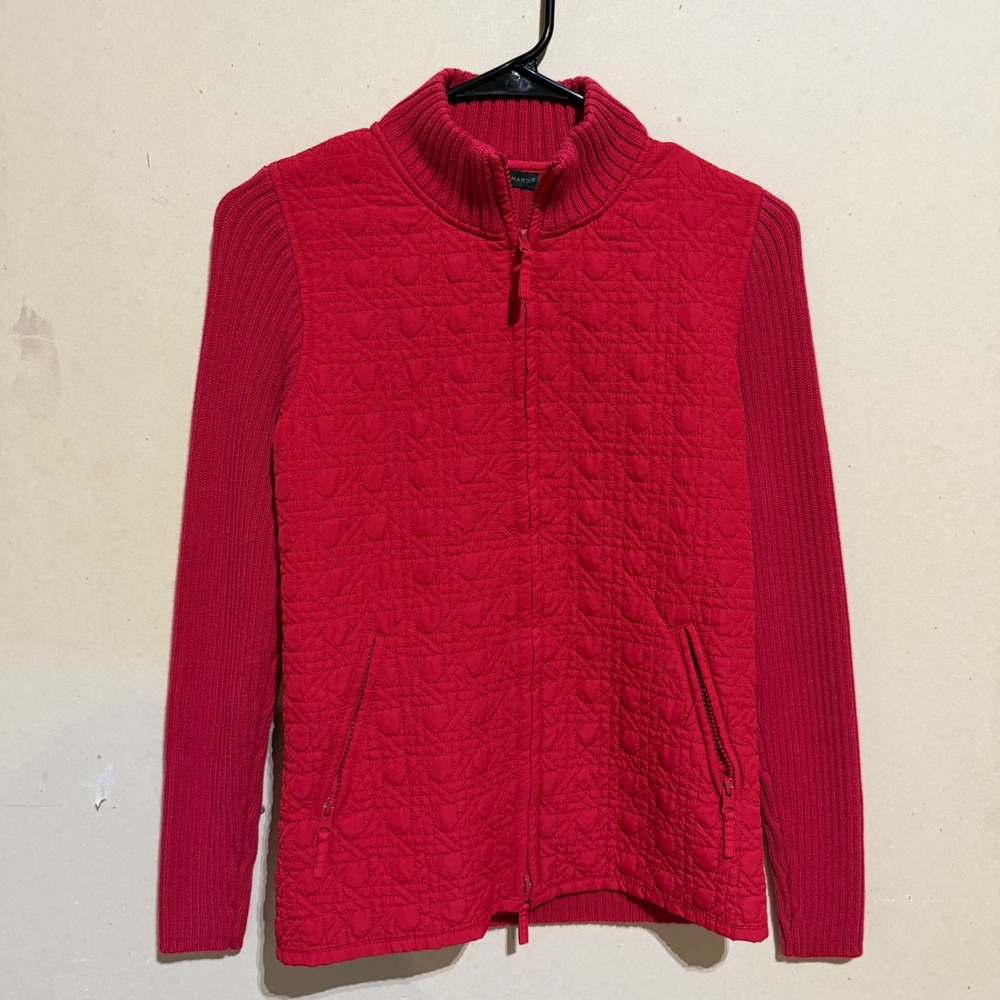 Harve Benard Red Quilted Mixed Media Full Zip Cardigan Sweater Mock Neck Small